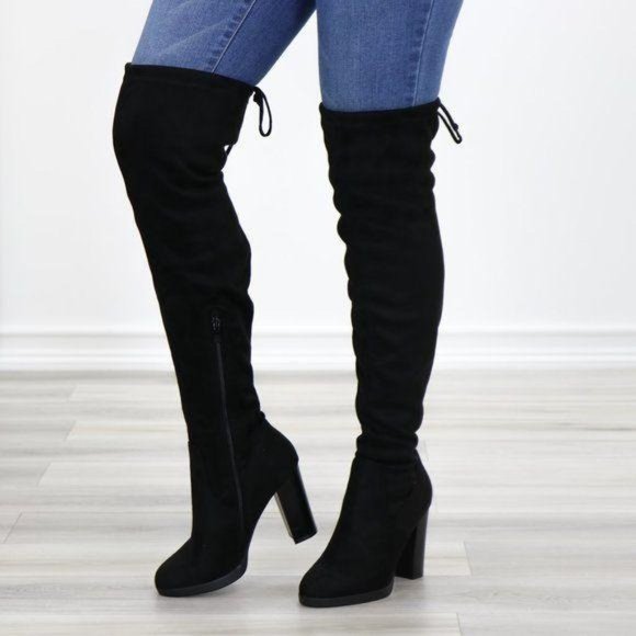 Tie Back Over Knee Heeled Sleek Boots Suede Black - Picture 12 of 15